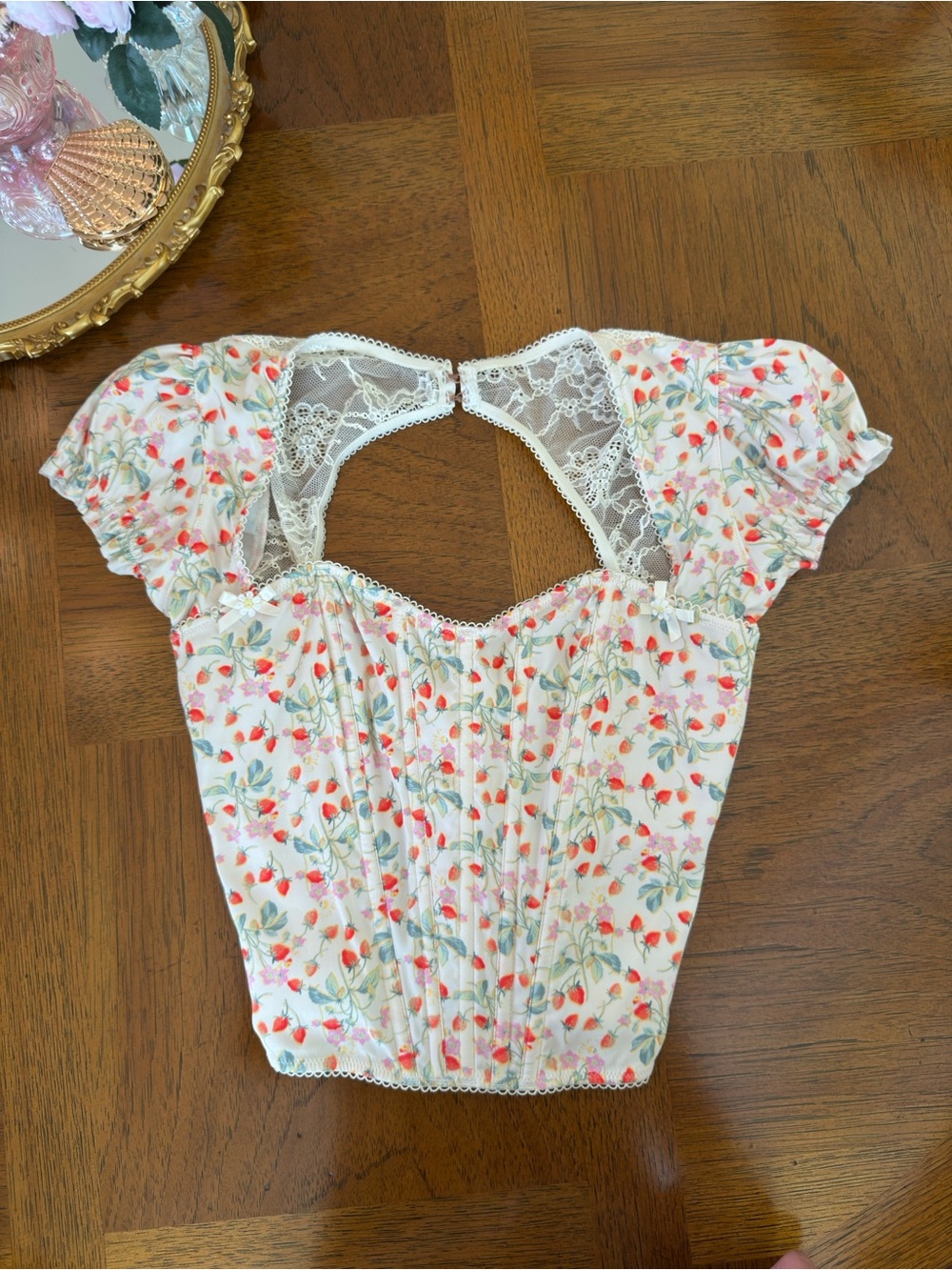 Victoria's Secret White Floral Lace-Back Puff Sleeve Corset Top